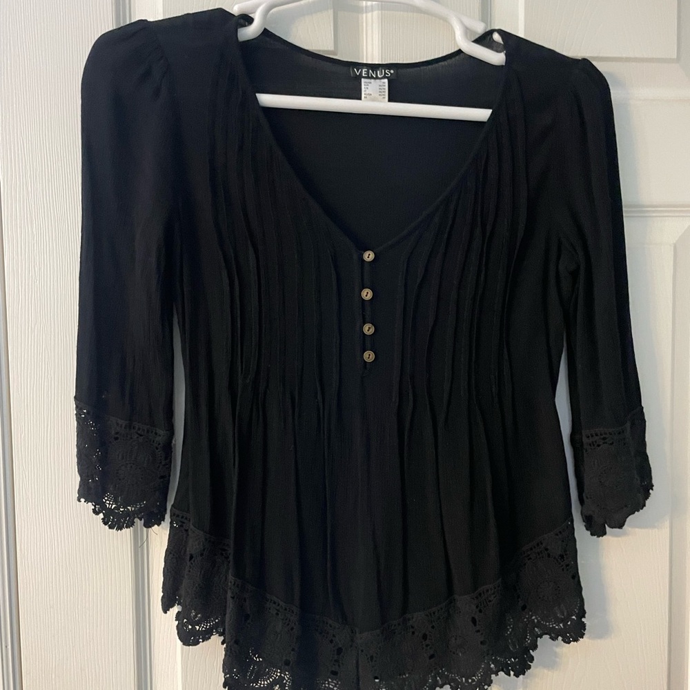VENUS Black Blouse with Lace Accents